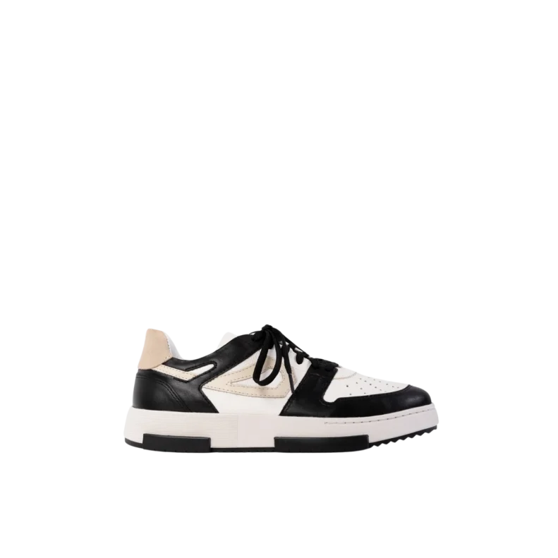 Baskets Lyon en cuir noir et blanc de Poema Paris, chaussures modernes et confortables, parfaites pour un style urbain et éco-responsable.