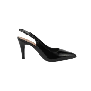 Escarpin slingback à talon en cuir verni noir, silhouette élégante à bout pointu et bride fine pour un maintien raffiné.