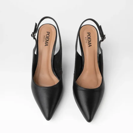 Escarpin slingback à talon Deauville en cuir noir, silhouette élégante à bout pointu et bride fine pour un maintien raffiné.