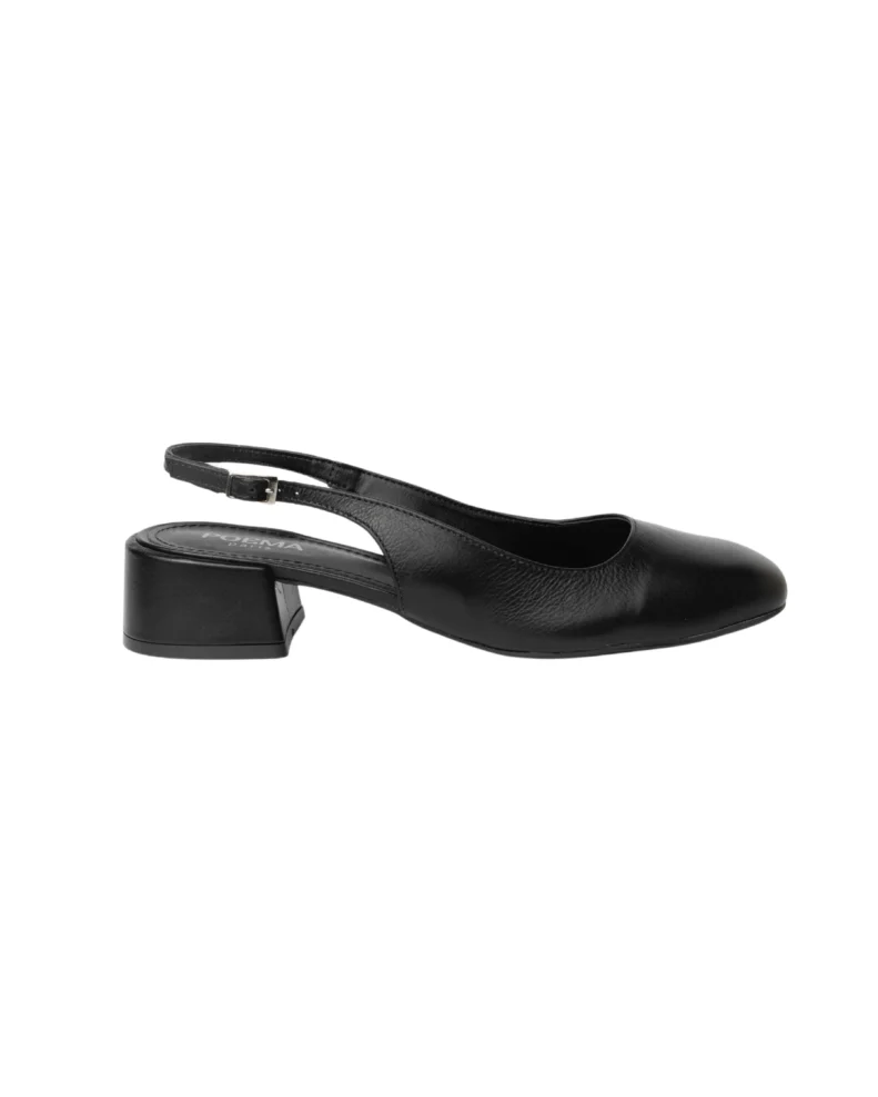 Escarpin slingback pour femme en cuir noir lisse certifié LWG, avec bout rond légèrement structuré, talon bloc bas et stable et bride arrière réglable avec boucle métallique. Un modèle élégant, confortable et durable, parfait pour un usage quotidien ou professionnel.