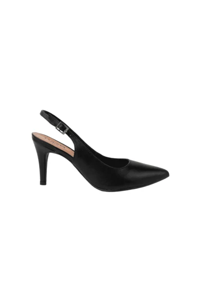 Escarpin slingback à talon Deauville en cuir noir, silhouette élégante à bout pointu et bride fine pour un maintien raffiné.