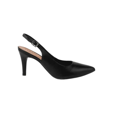 Escarpin slingback à talon Deauville en cuir noir, silhouette élégante à bout pointu et bride fine pour un maintien raffiné.